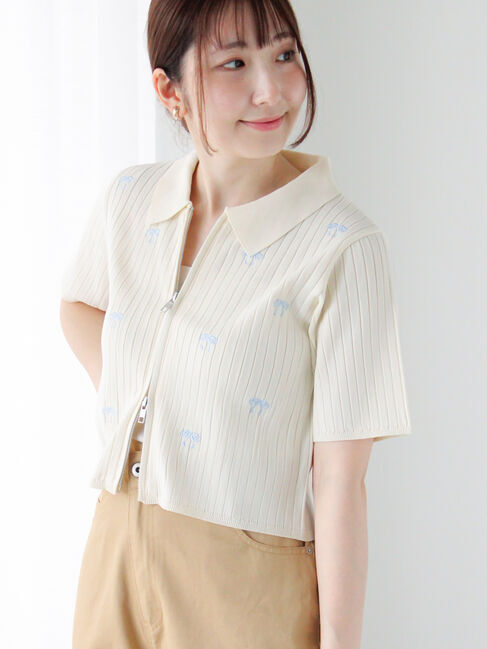 Te chichi TERRASSE「リボン刺繍ダブルジップカーディガン」|カーディガン|オフホワイト