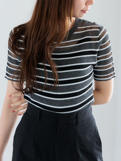 Te chichi「シアーマルチボーダーハーフスリーブニット」|ニット・セーター|グレー