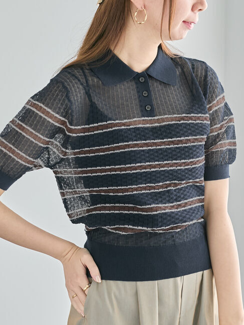 Te chichi「透かしマルチボーダーニットポロ」|ニット・セーター|ネイビー