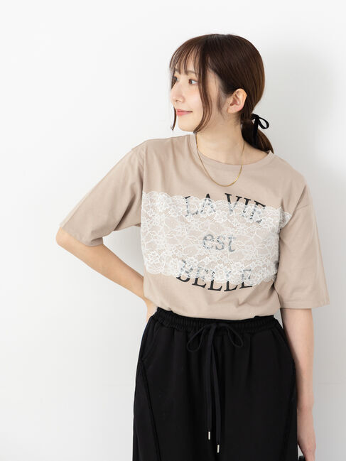 Te chichi TERRASSE「レースロゴプリントTシャツ」|Tシャツ・カットソー|モカ