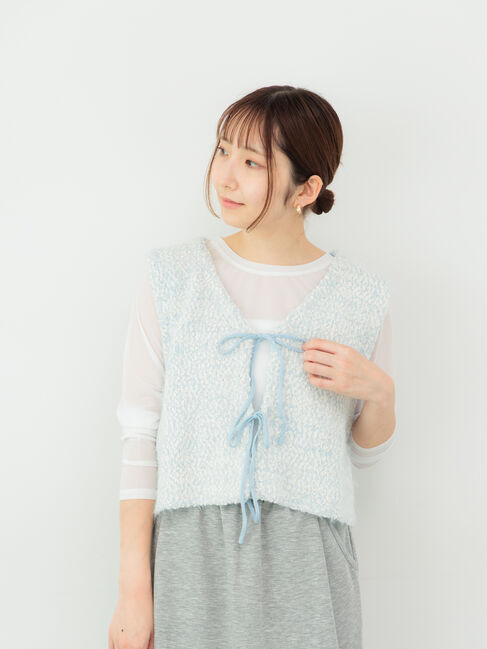 Te chichi TERRASSE「ポンポンヤーンニットショートベスト」|ダウンベスト・ベスト|