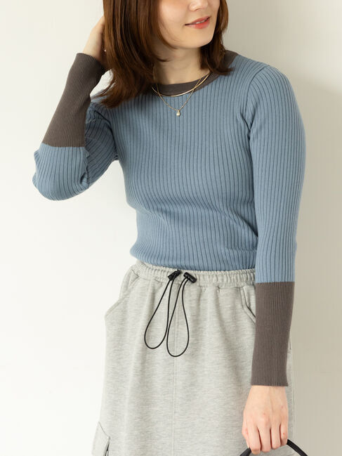 Te chichi TERRASSE「袖バイカラーリブニット」|ニット・セーター|ブルー