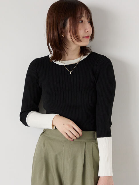 Te chichi TERRASSE「袖バイカラーリブニット」|ニット・セーター|ブラック