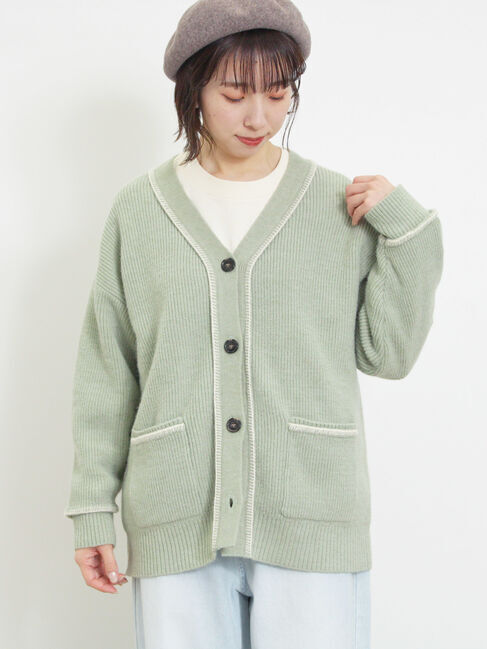 Samansa Mos2「配色ステッチVネックニットカーディガン」|カーディガン|ミント