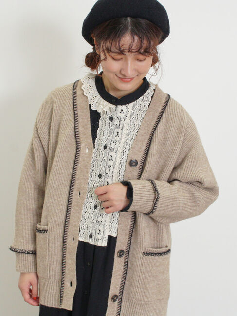 Samansa Mos2「配色ステッチVネックニットカーディガン」|カーディガン|ベージュ