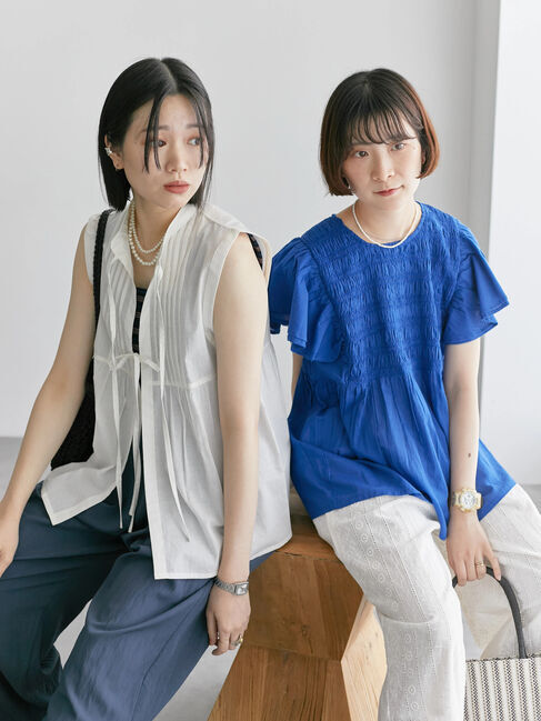 Samansa Mos2 blue「【Made in India】シャーリングブラウス」|シャツ・ブラウス|