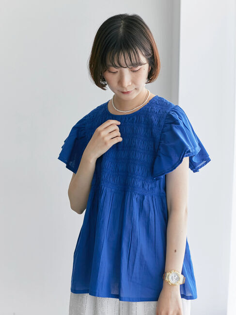 Samansa Mos2 blue「【Made in India】シャーリングブラウス」|シャツ・ブラウス|