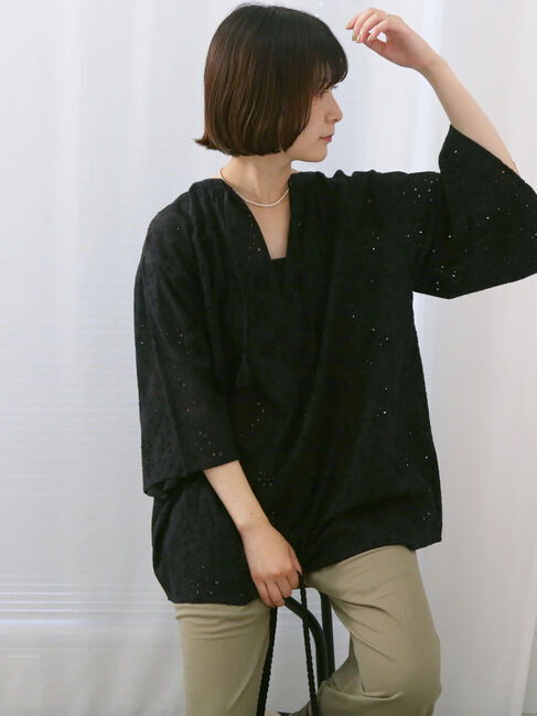 Samansa Mos2 blue「【Made in India】タッセル付ギャザーレースブラウス」|シャツ・ブラウス|