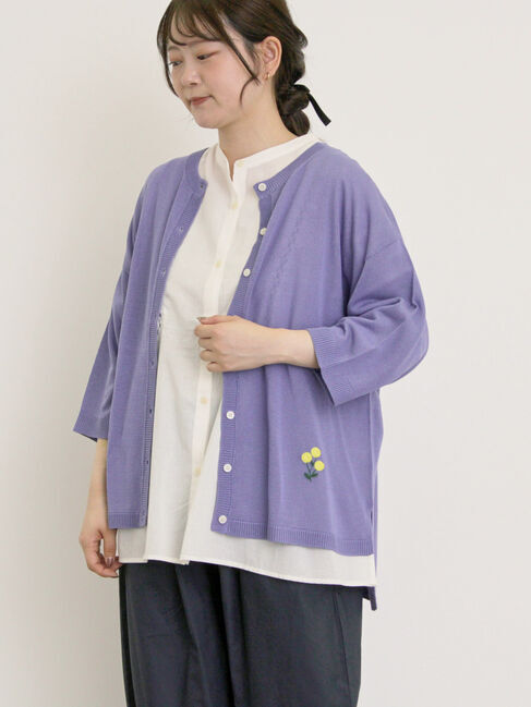 Samansa Mos2「[接触冷感]花刺繍七分袖クルーネックカーディガン」|カーディガン|パープル
