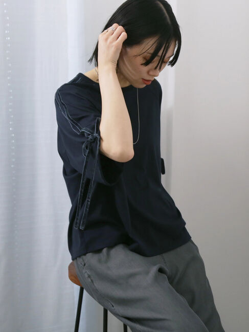 Samansa Mos2 blue「◎【接触冷感】ベロアラインリボンTシャツ」|Tシャツ・カットソー|