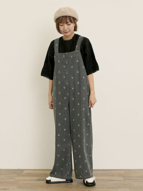 Samansa Mos2「刺繍デニム/ヒッコリーサロペットパンツ」|その他|ブラック