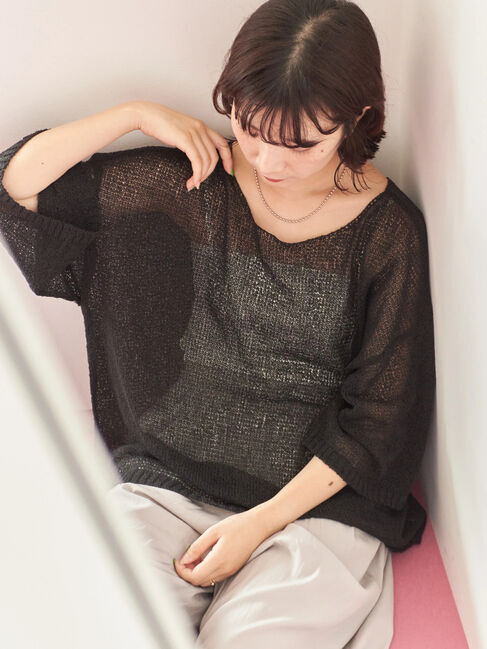 Samansa Mos2 blue「◎7分袖シアーニット」|ニット・セーター|