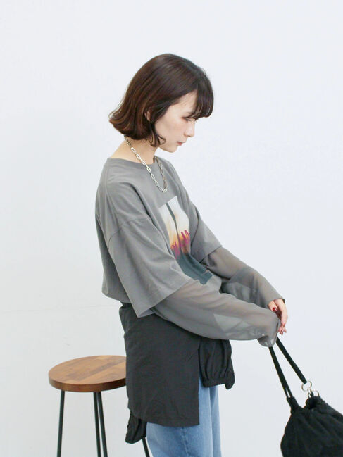 Samansa Mos2 blue「袖シフォンレイヤードプルオーバー」|Tシャツ・カットソー|