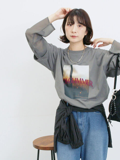 Samansa Mos2 blue「袖シフォンレイヤードプルオーバー」|Tシャツ・カットソー|