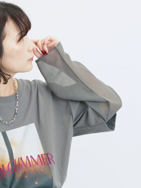 Samansa Mos2 blue「袖シフォンレイヤードプルオーバー」|Tシャツ・カットソー|