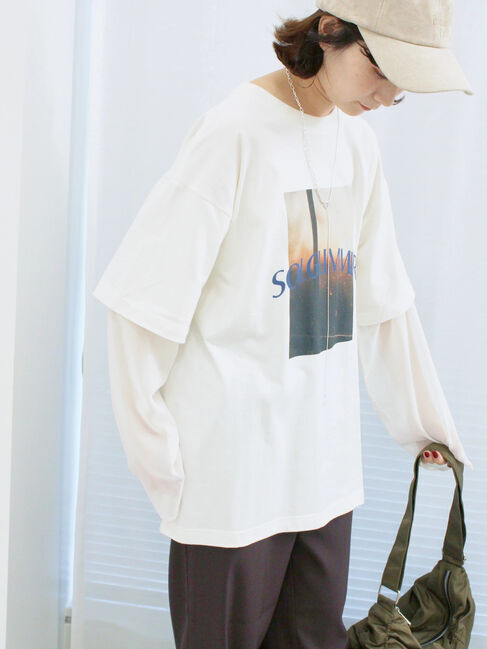 Samansa Mos2 blue「袖シフォンレイヤードプルオーバー」|Tシャツ・カットソー|