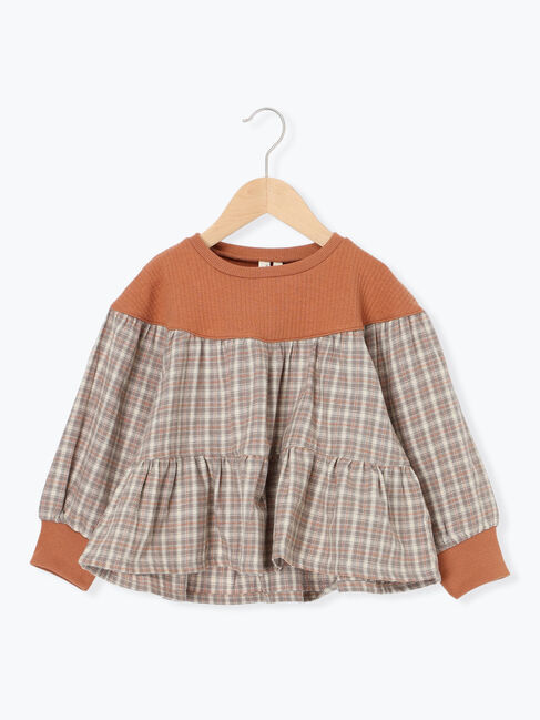 Samansa Mos2 Lagom「チェック切替ティアードチュニック」|Tシャツ・カットソー|オレンジ