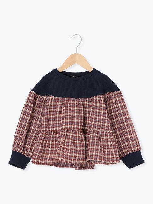 Samansa Mos2 Lagom「チェック切替ティアードチュニック」|Tシャツ・カットソー|ネイビー