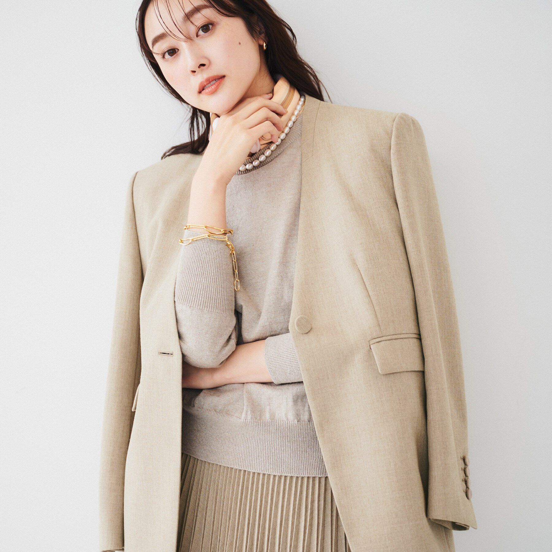 UNTITLED「【セットアップ可能】リネンライクキャンバス カラーレスジャケット」|ノーカラージャケット|ベージュ(052)