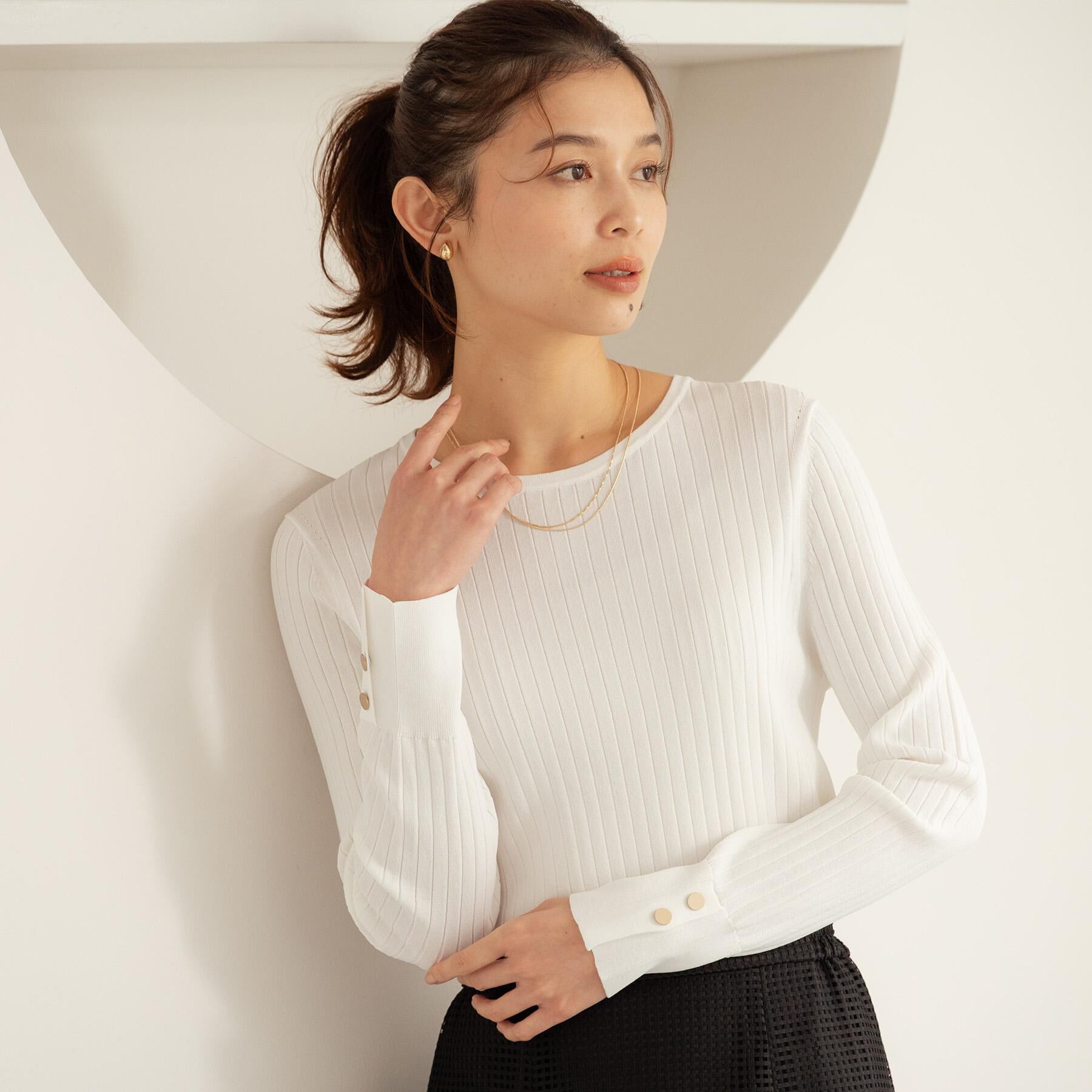 UNTITLED「【アンサンブル可/洗える】ワイドリブニット」|ニット・セーター|ホワイト(001)