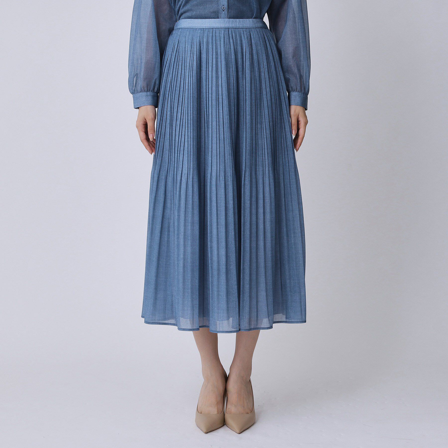 COUP DE CHANCE「【手洗い可／ウエストゴム】デニム柄プリントのプリーツスカート」|スカート|