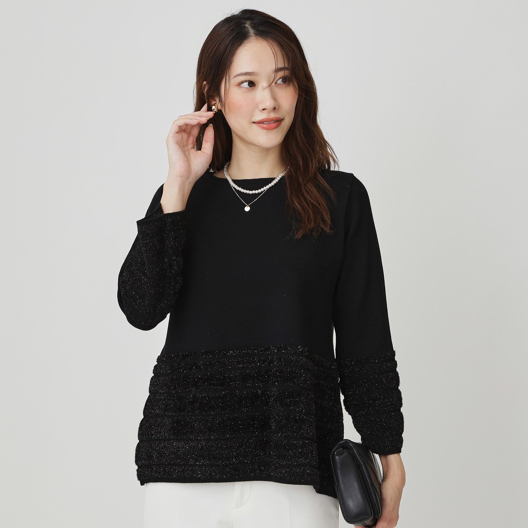 COUP DE CHANCE「【手洗い可】ラメフェザーデザイン ニットトップス」|ニット・セーター|ブラック(019)