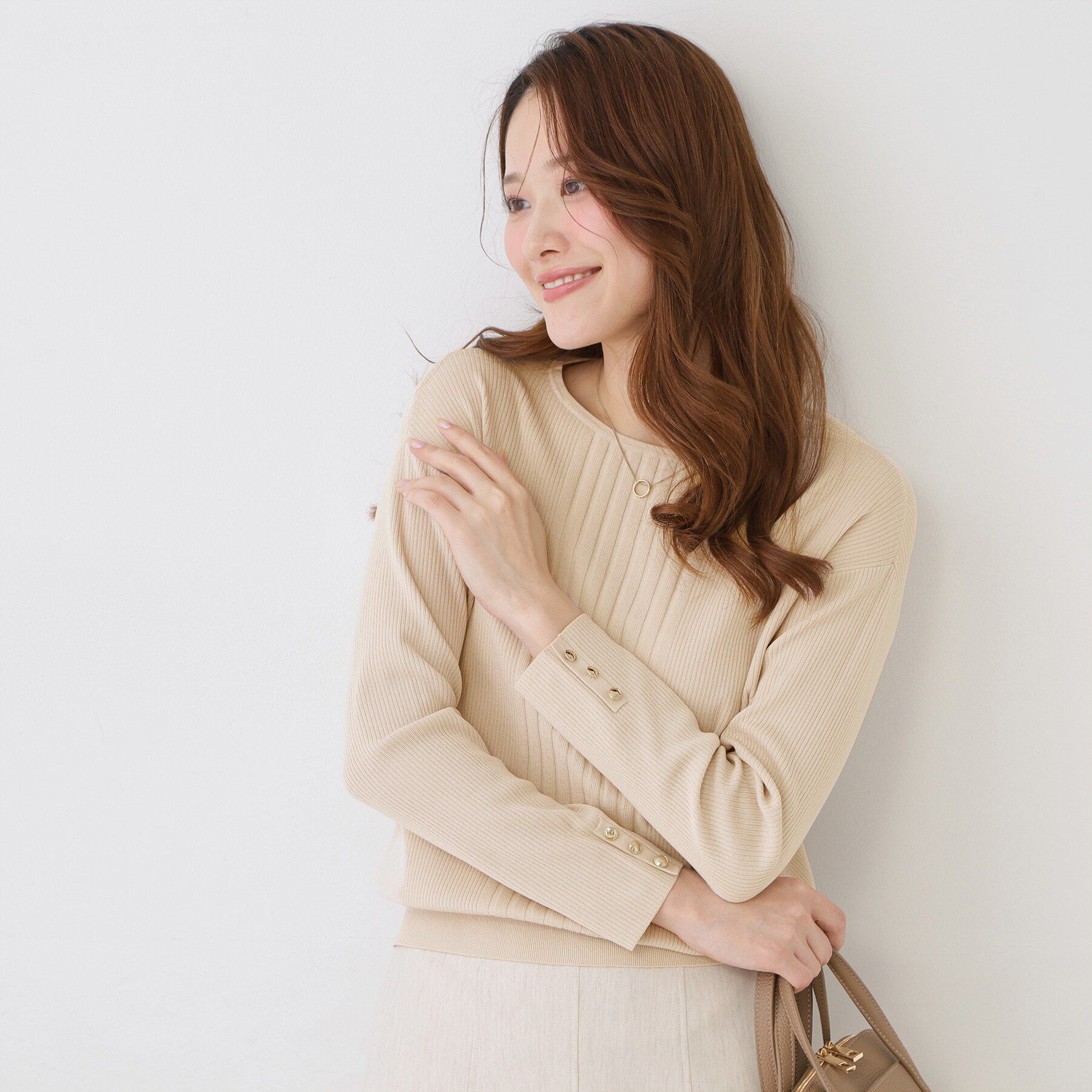 COUP DE CHANCE「【手洗い可／9分袖】リブ風ラインニット」|ニット・セーター|ライトベージュ(05