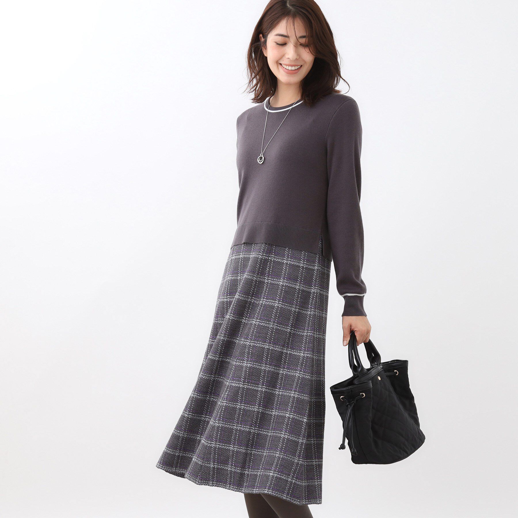 Reflect「【コートインでもすっきり◎】チェック柄ニットドッキングワンピース」|ワンピース|