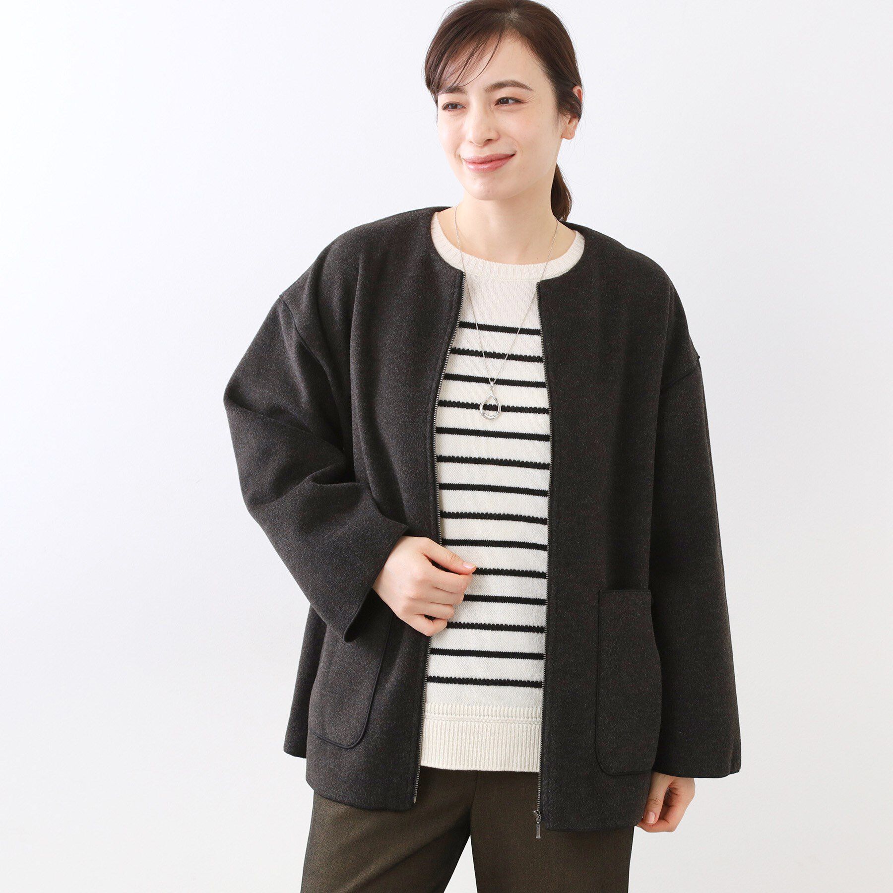 Reflect「【体型カバー／ゆったり着られる◎】リラクシーパイルコート」|ノーカラーコート|