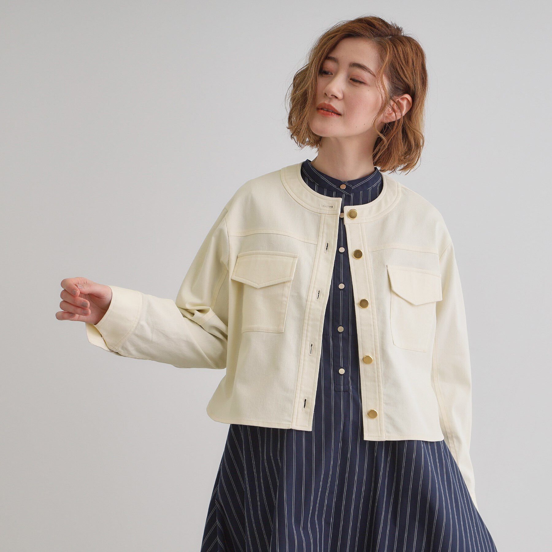 grove「ライトデニムノーカラージャケット」|デニムジャケット|