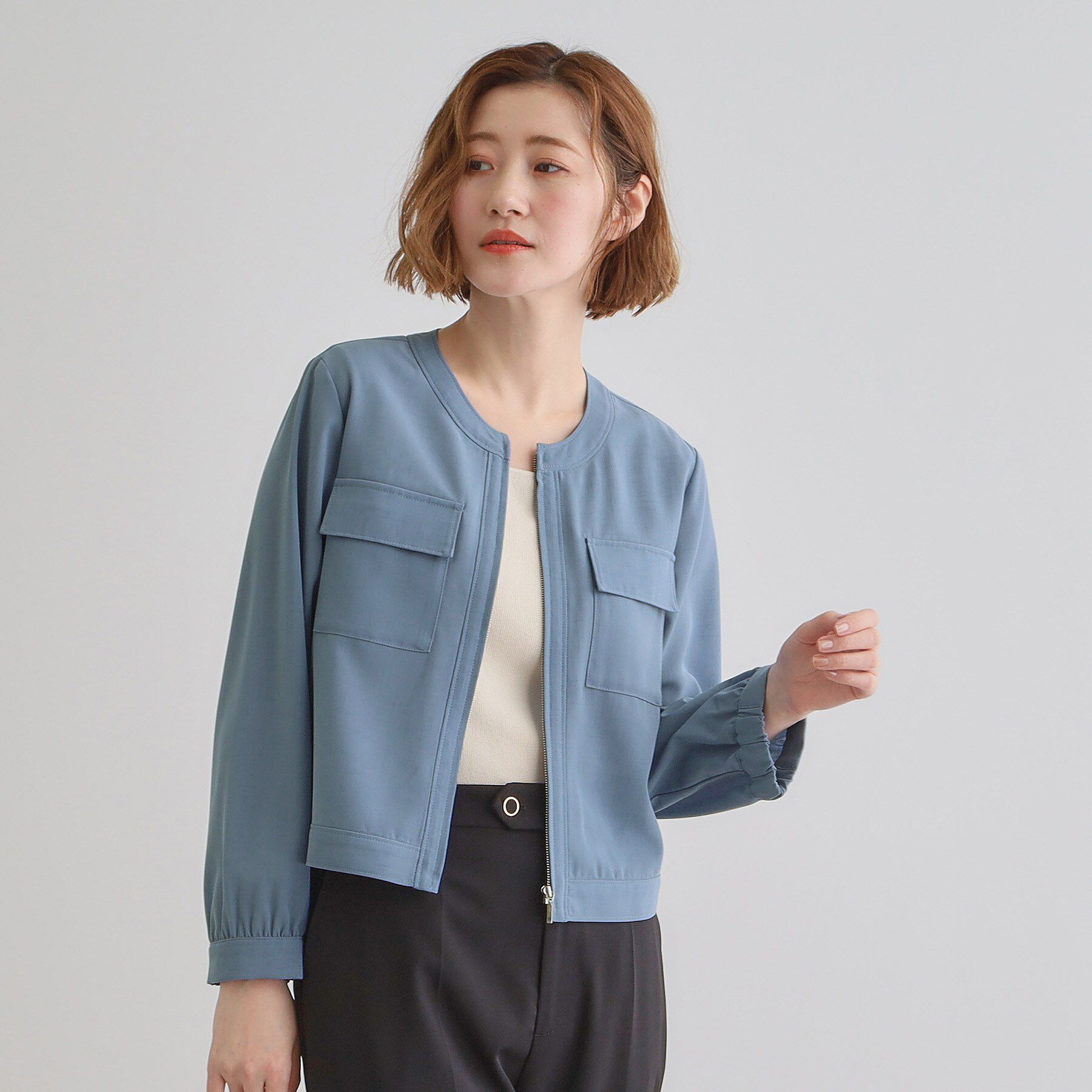 grove「麻調ノーカラーシアーブルゾン」|ブルゾン・スタジャン|ブルー(091)
