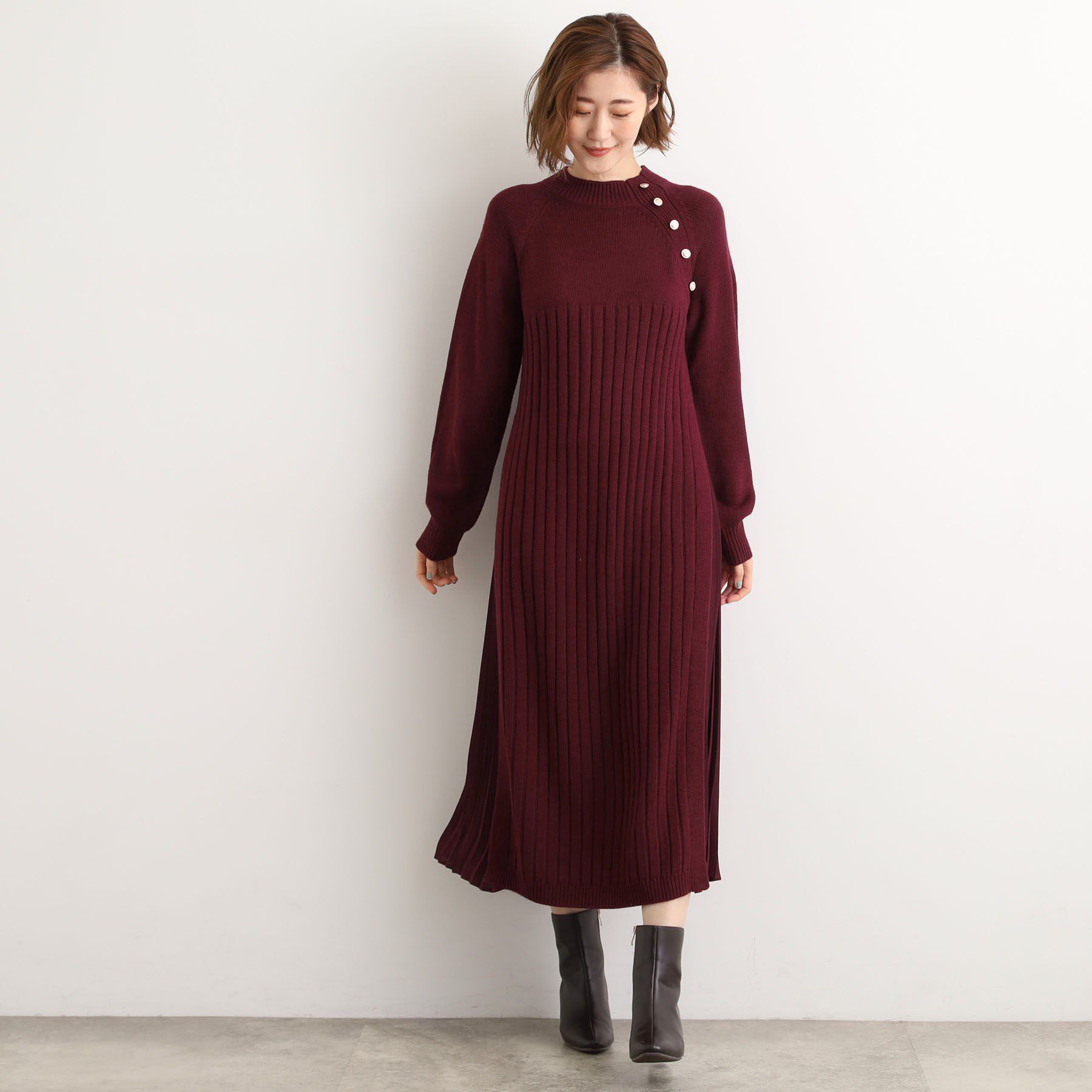 grove「【選べる着丈】配色サイドプリーツニットワンピース」|ワンピース|