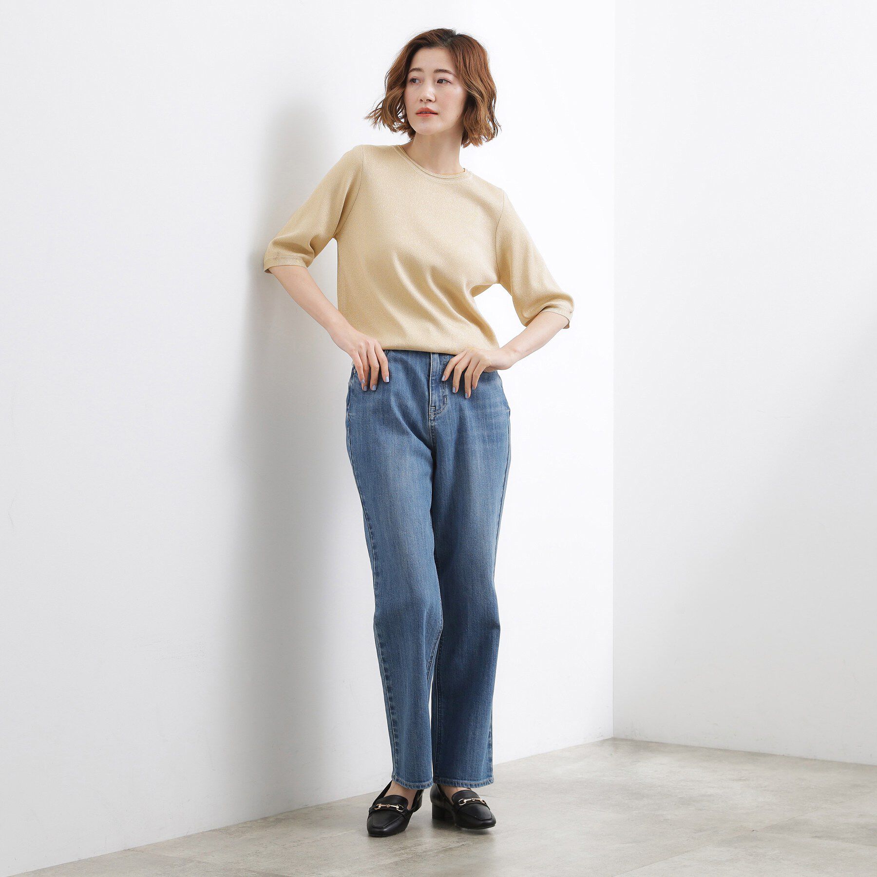 grove「【貴島明日香さん着用・シリーズ累計34万枚】やわらかドライタッチ 五分袖クルーネックニット」|ニット・セーター|