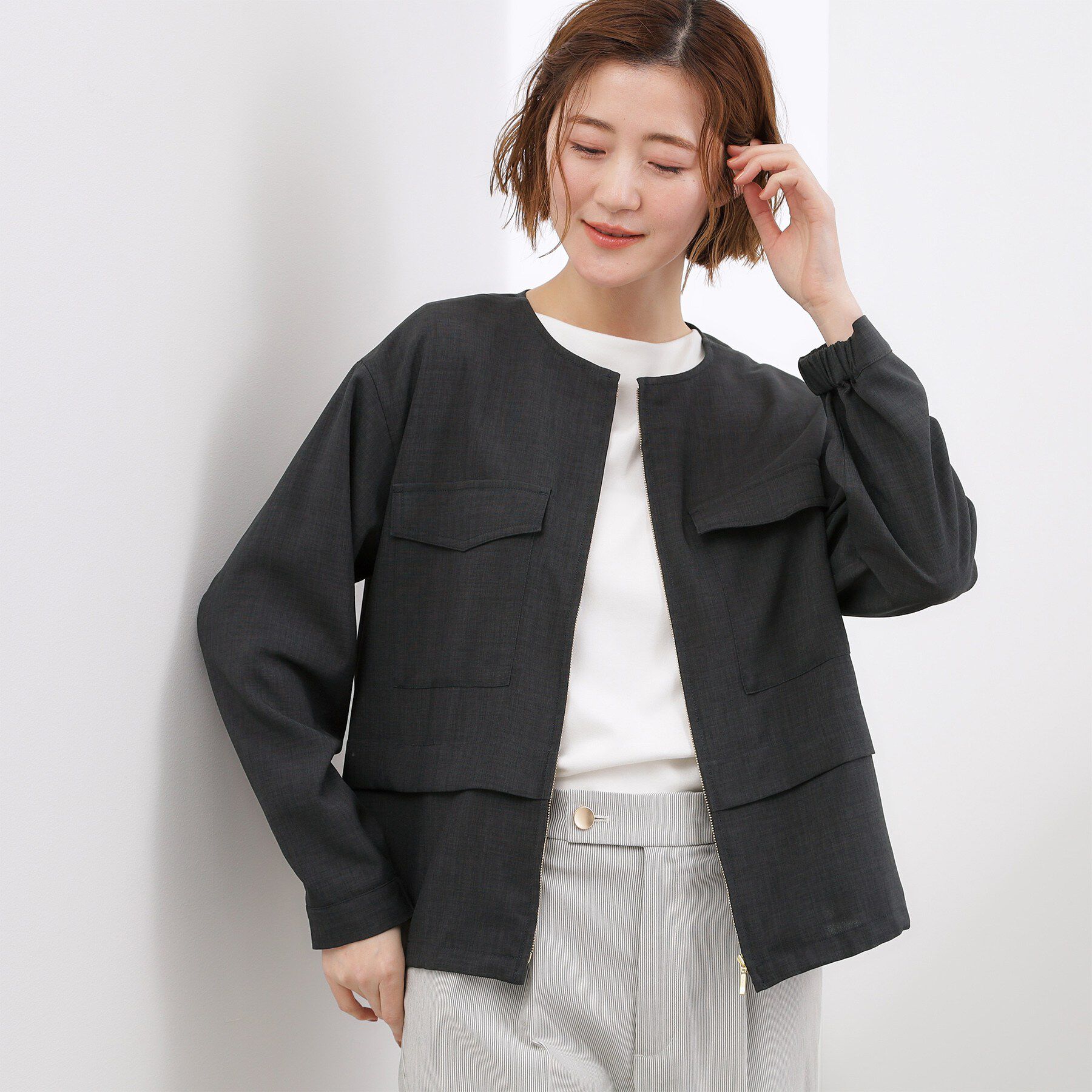 grove「【貴島明日香さん着用・洗える】麻調ノーカラーブルゾン」|ブルゾン・スタジャン|