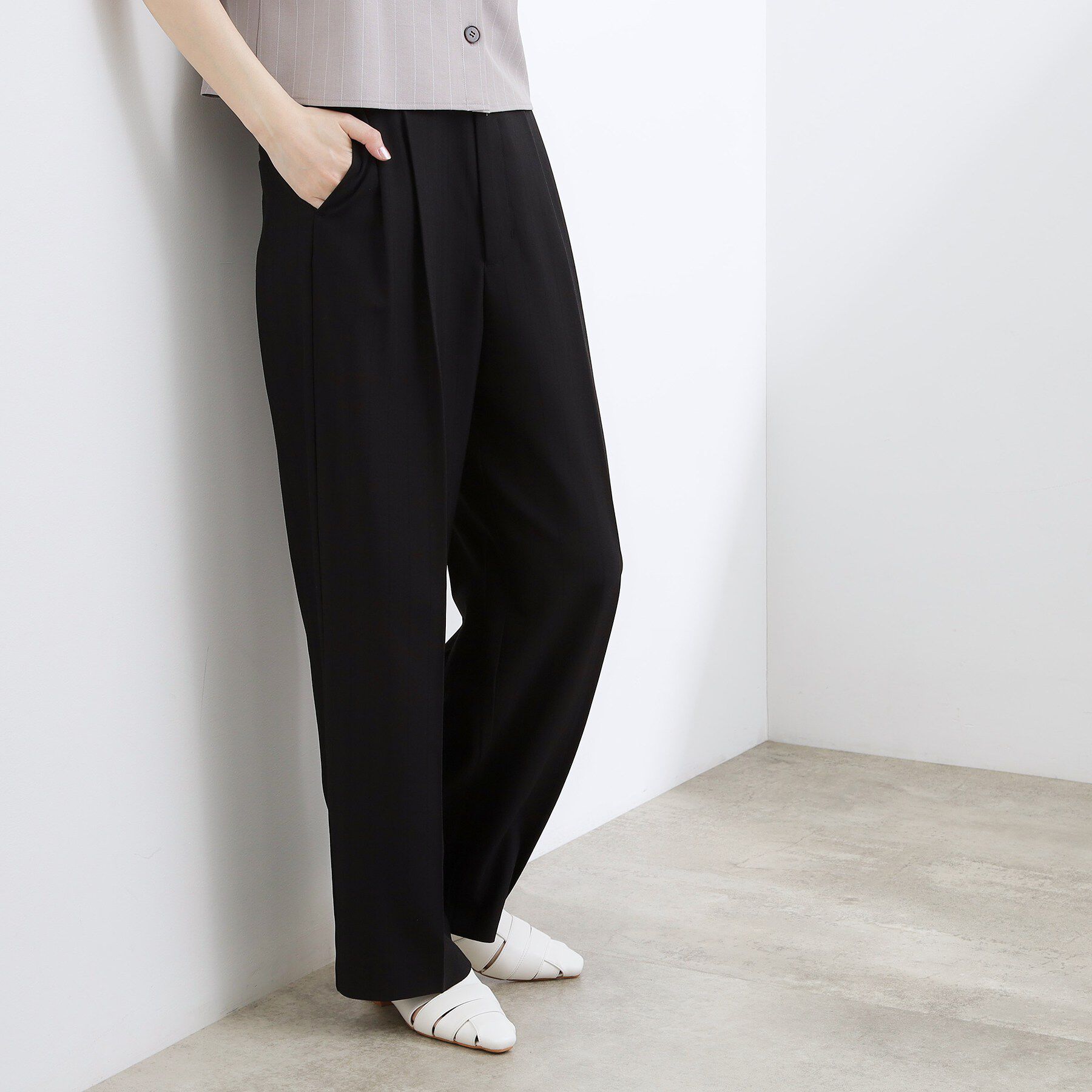 grove「【貴島明日香さん着用】リネンライクストライプワイドパンツ」|その他|ブラック(019)