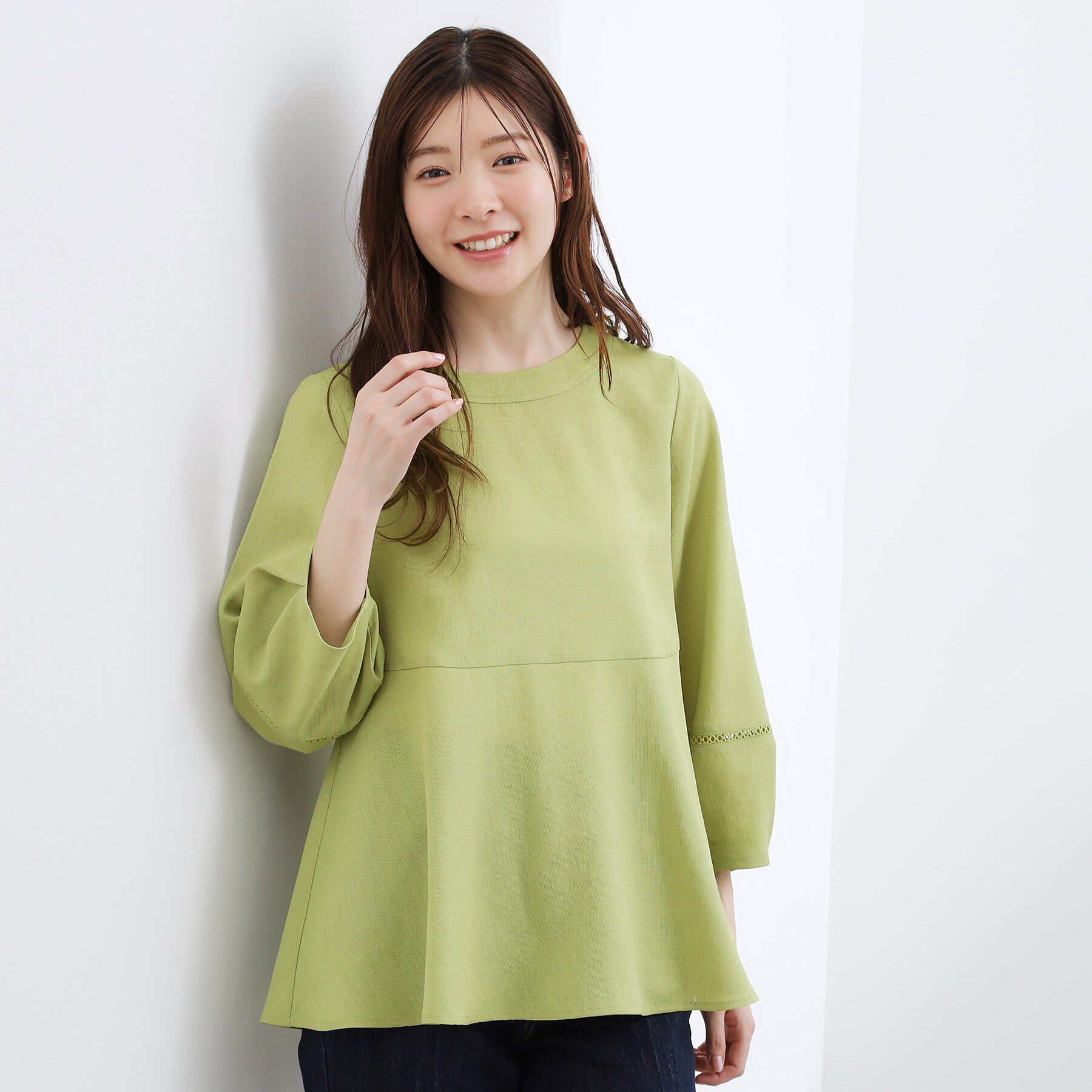 grove「【体型カバーも叶う】麻調メッシュランタンスリーブブラウス」|シャツ・ブラウス|