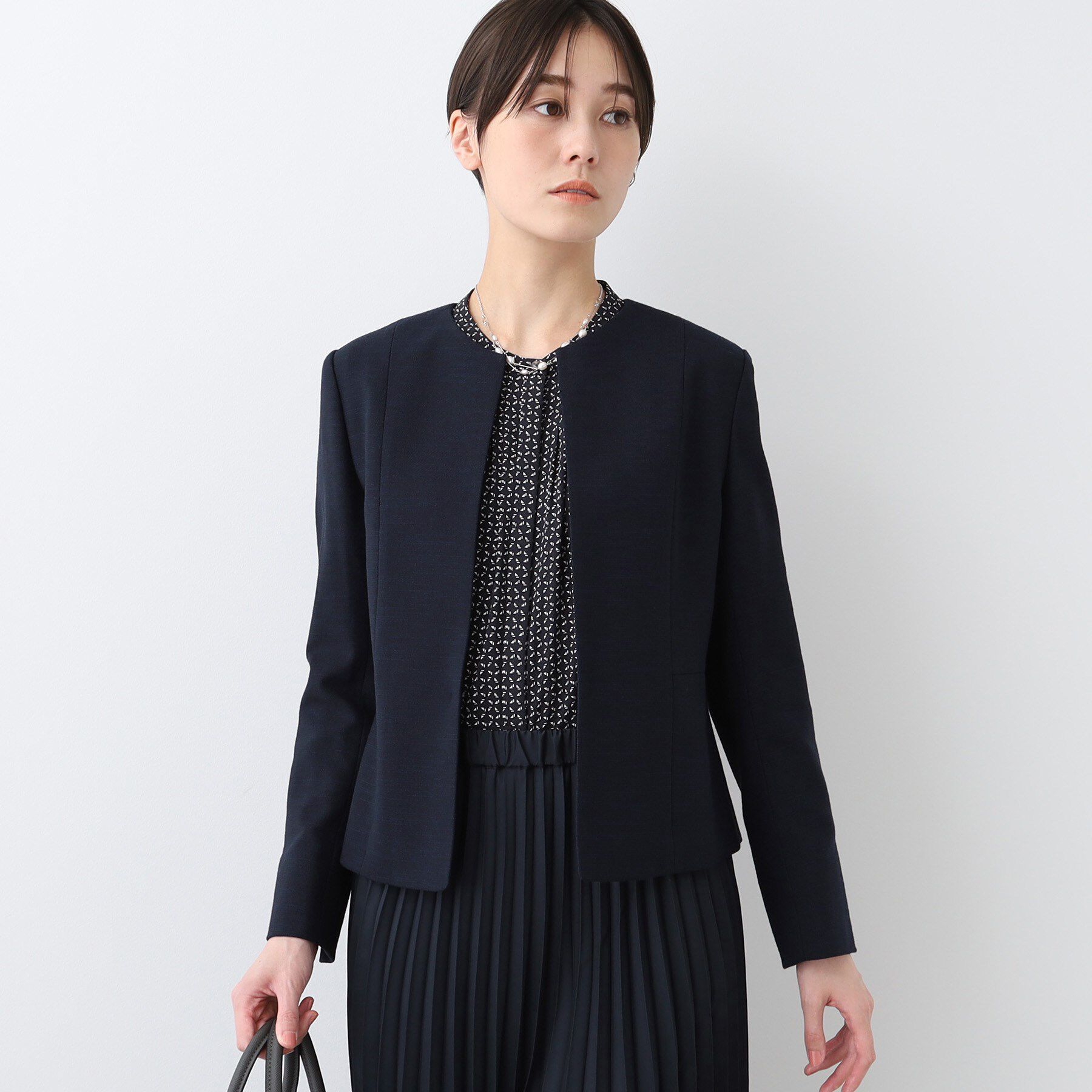 INDIVI「【洗える】ストレッチツィードジャケット」|ノーカラージャケット|ネイビー(094)