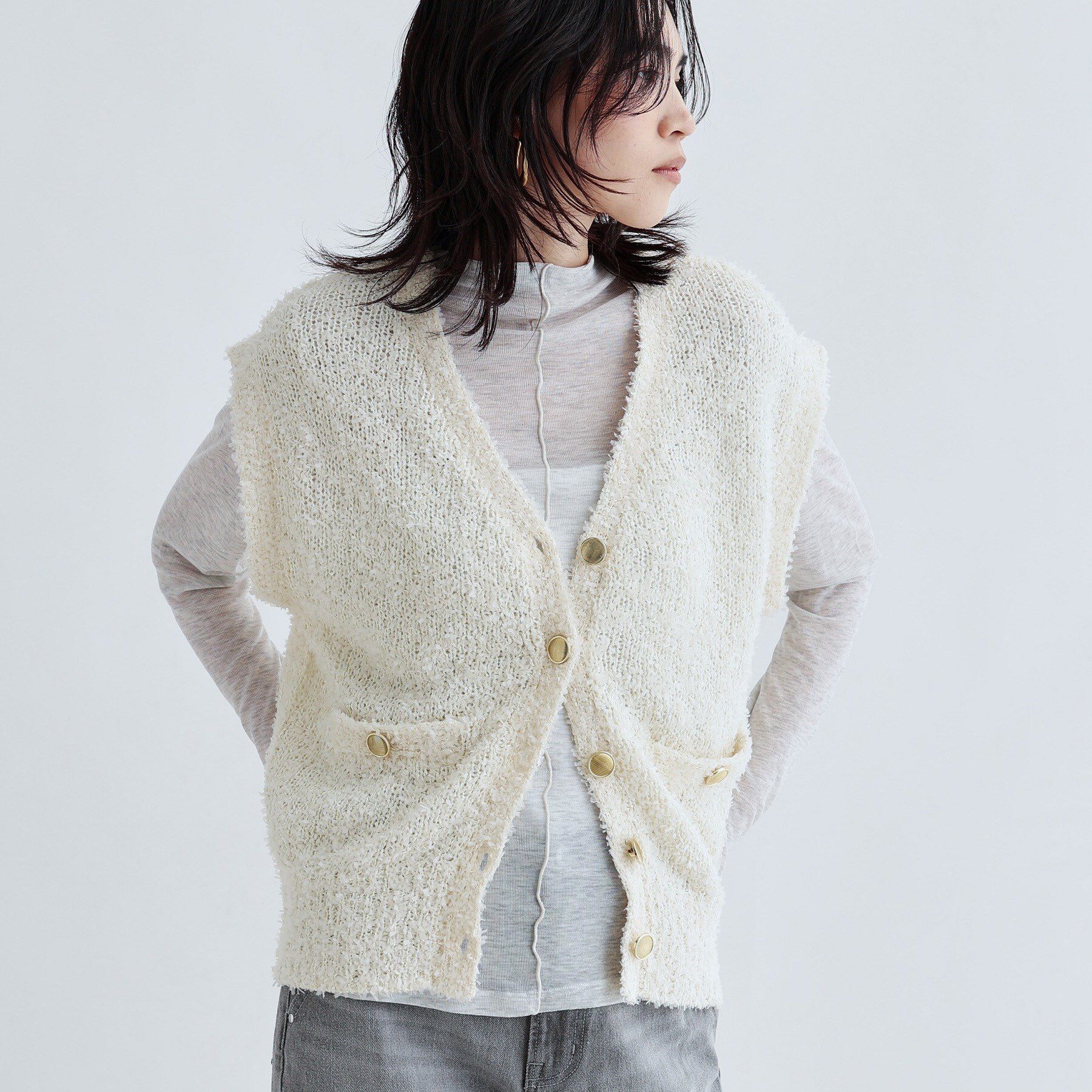 GALLEST「ツイードライクニットベスト」|ニット・セーター|ホワイト(001)