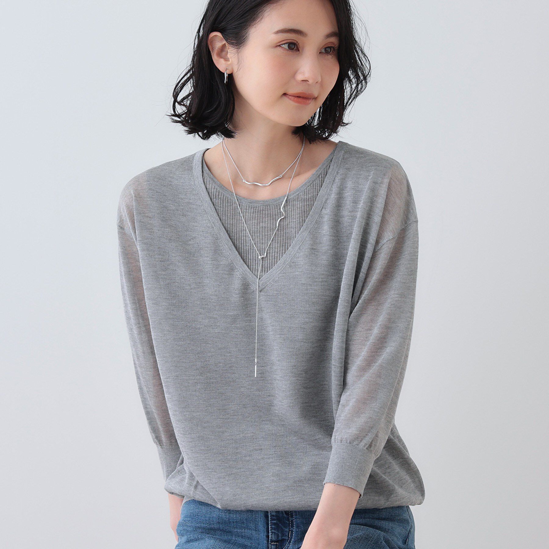 INDIVI「【洗える／シアーラメ】レイヤード風ニット」|ニット・セーター|ライトグレー(011