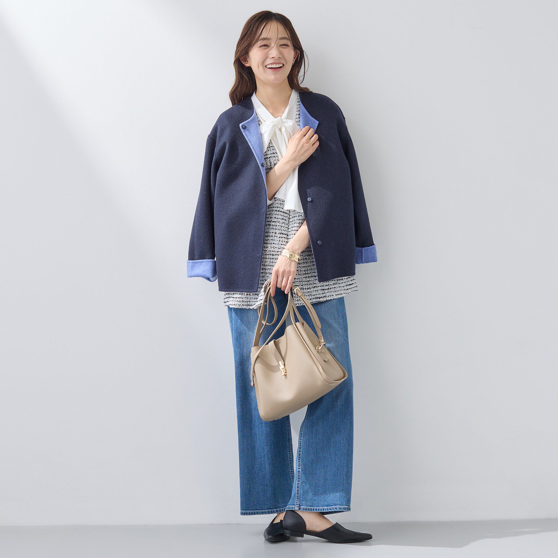 INDIVI「【配色デザイン／ショート丈】ウールリバー ノーカラーコート」|ノーカラーコート|