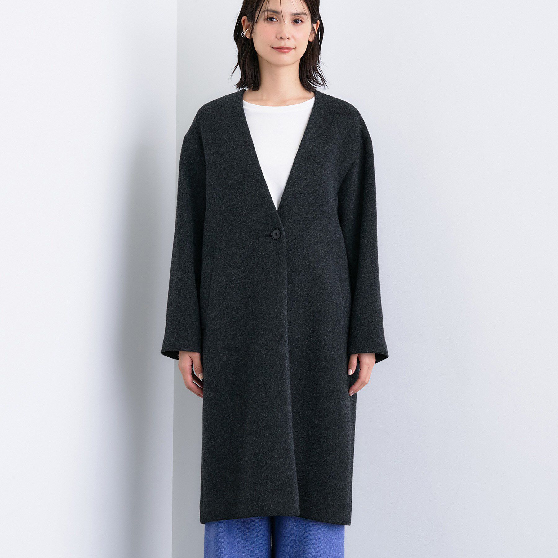 INDIVI「【軽量／ウール混】ライトフォルム ロングコート」|ノーカラーコート|