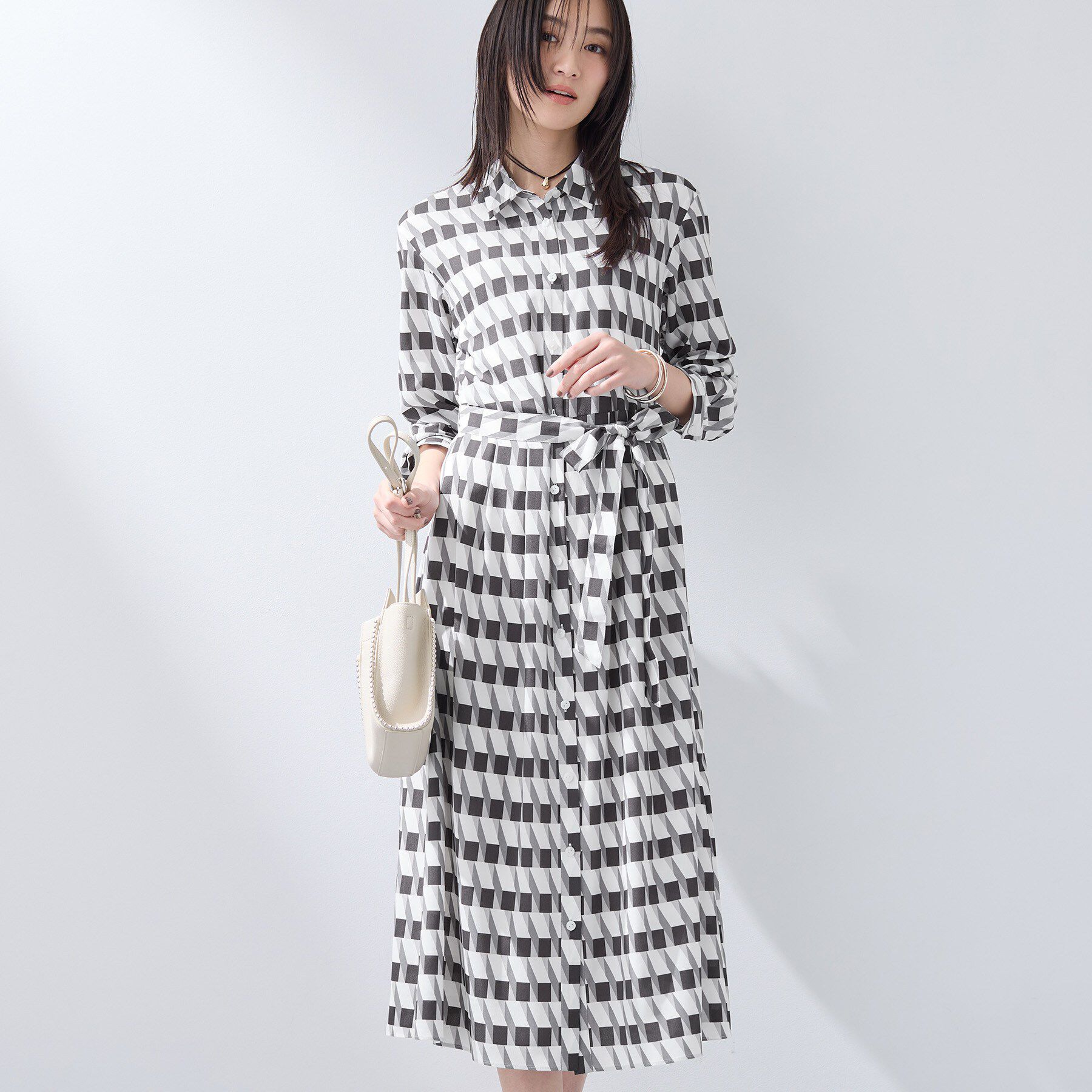 INDIVI「【洗える／2WAY】ベルト付き ジオメトリック柄 シャツワンピース」|ワンピース|