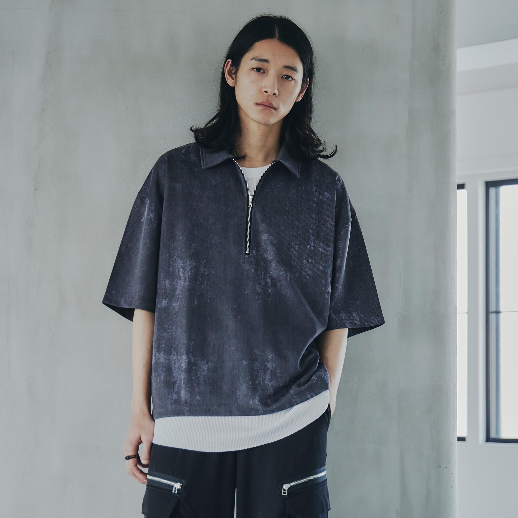 tk.TAKEO KIKUCHI「ヴィンテージライクハーフジップポロシャツ」|ポロシャツ|ブラック(019)