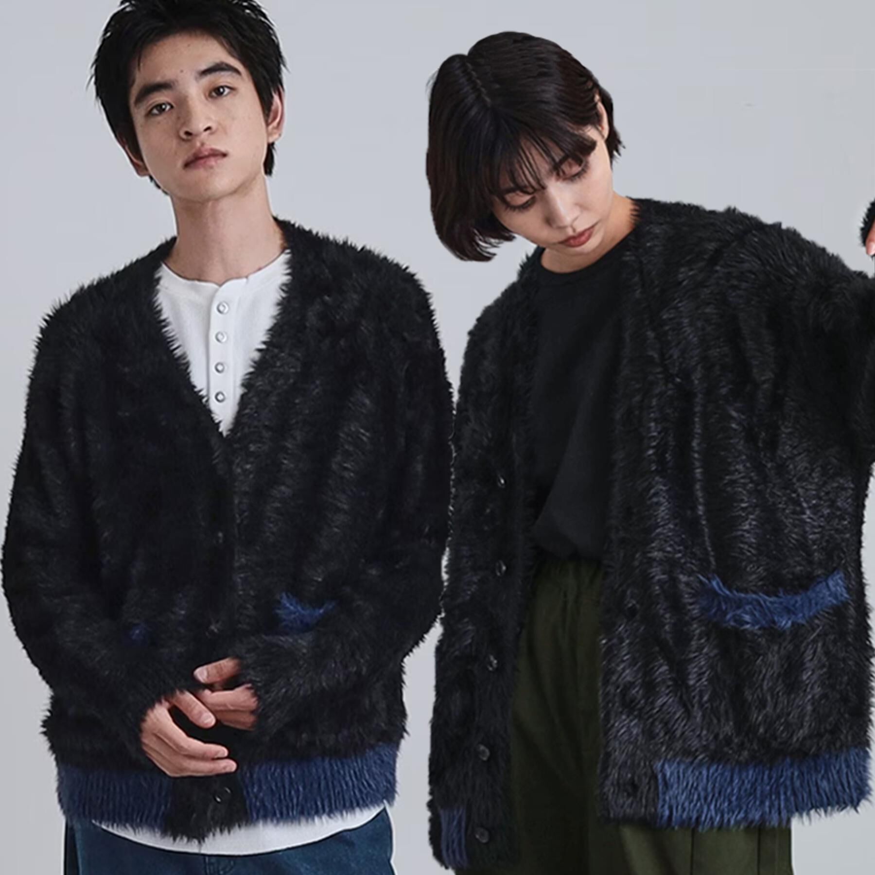 tk.TAKEO KIKUCHI「バイカラーフェザーニットカーディガン」|カーディガン|ブラック(019)