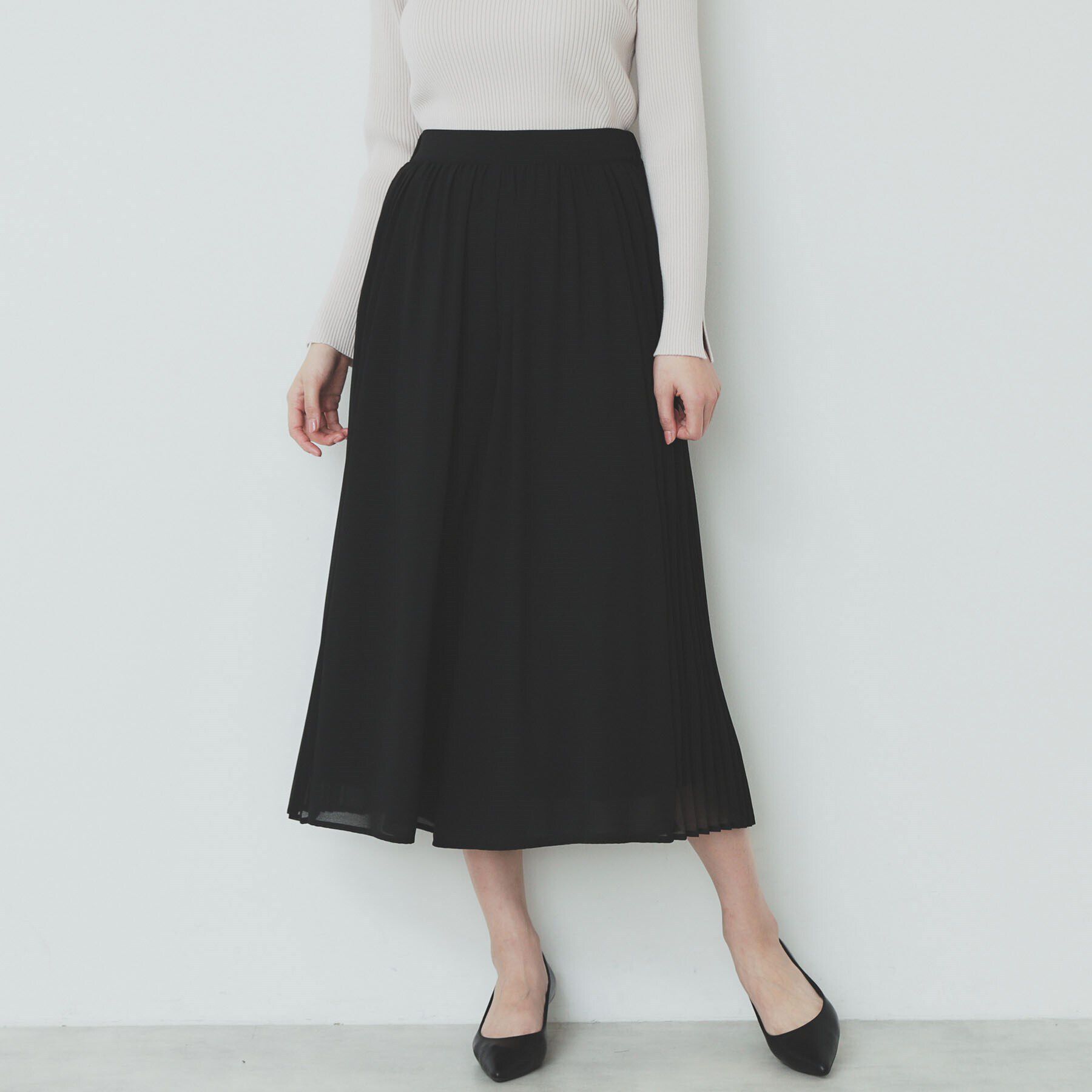 index「サイドプリーツフレアパンツ【洗濯機洗い可】」|その他|ブラック(019)