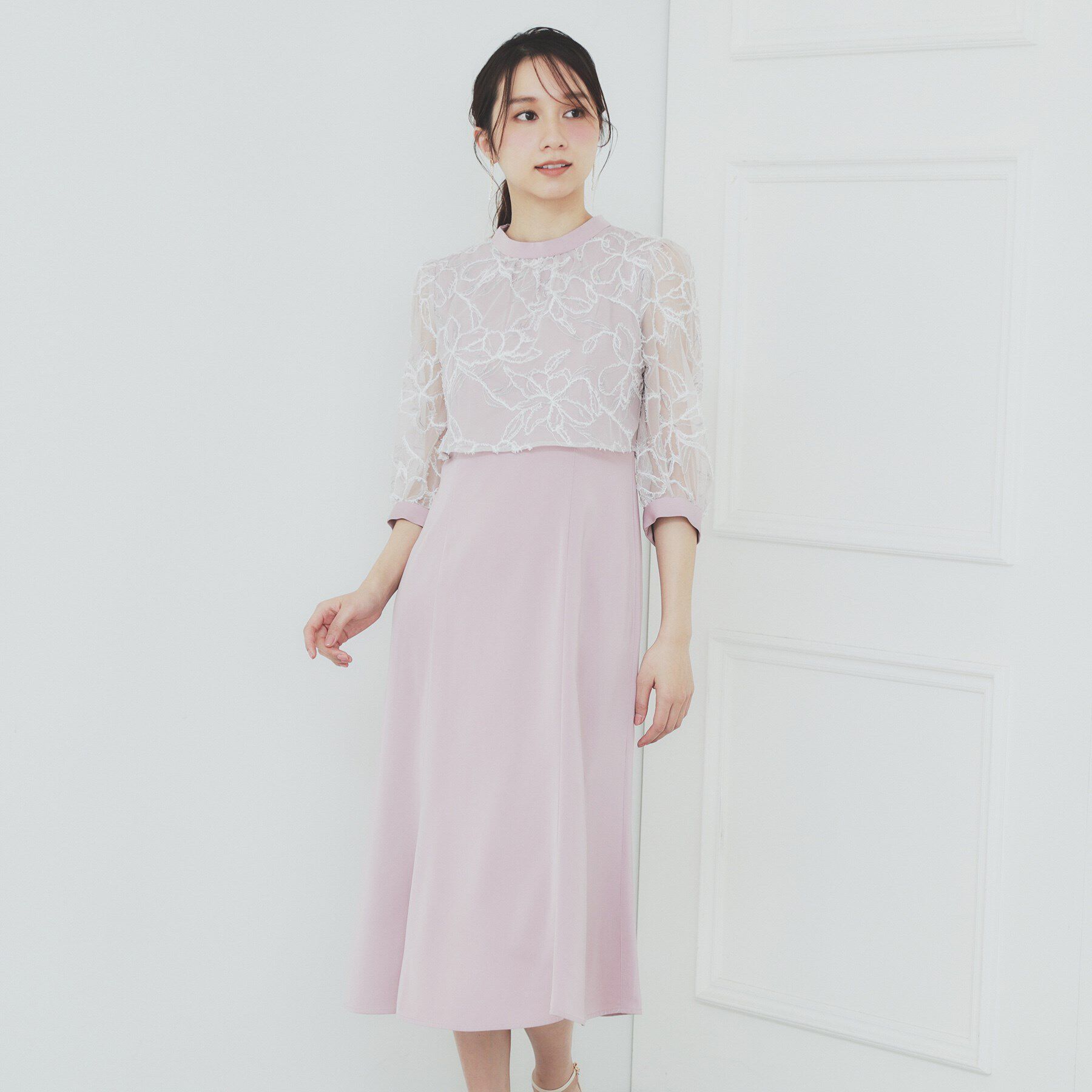 index「フラワーチュールドッキングフレアワンピース【洗濯機洗い可】」|ワンピース|