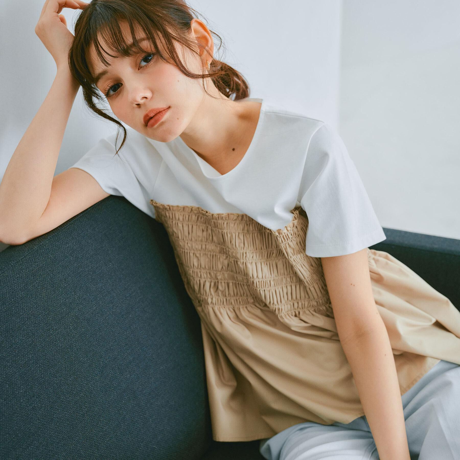 index「シャーリングドッキングペプラムトップス【洗濯機洗い可】」|Tシャツ・カットソー|