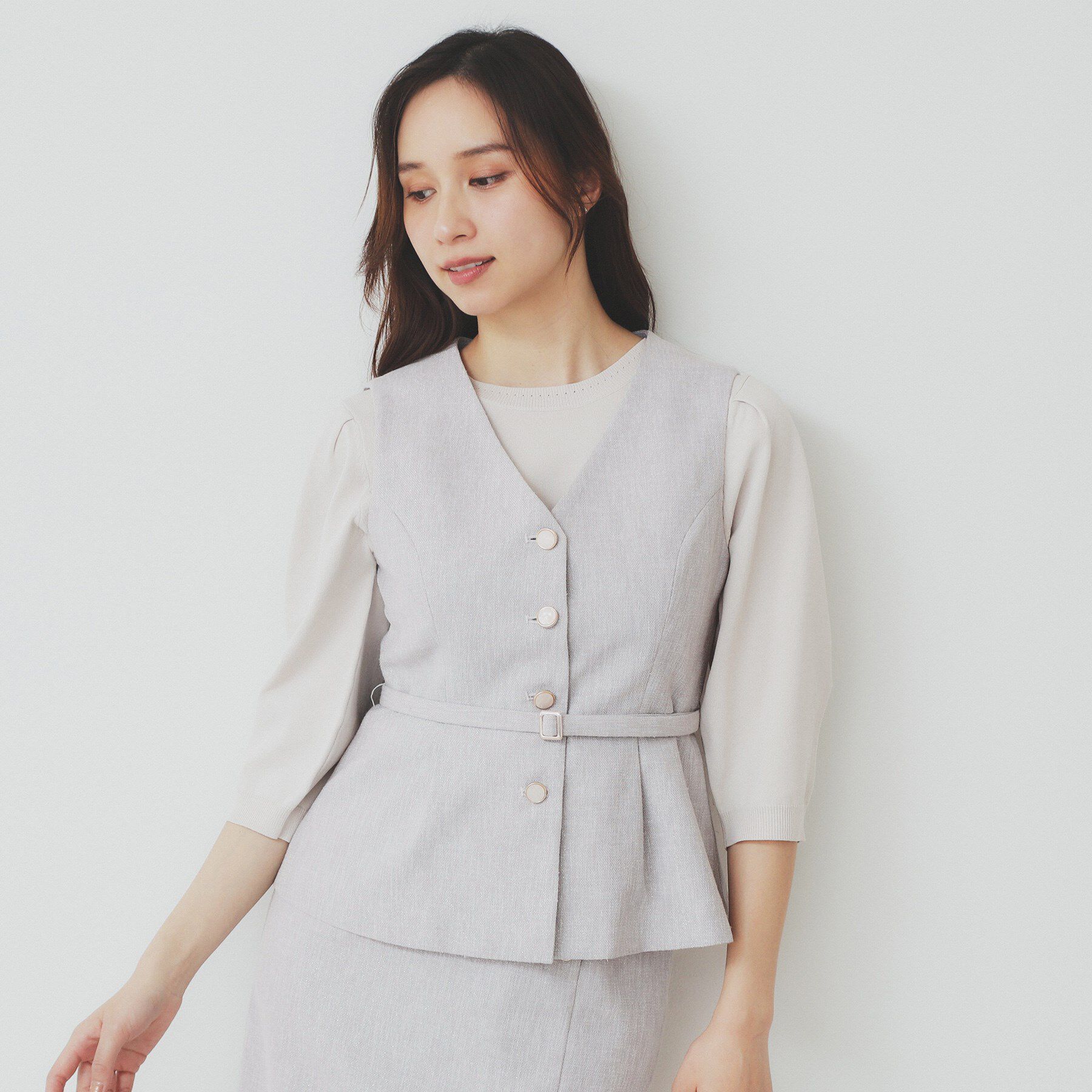 index「麻混ラメツイードペプラムジレ/セットアップ対応【洗濯機洗い可】」|ベスト・ジレ|