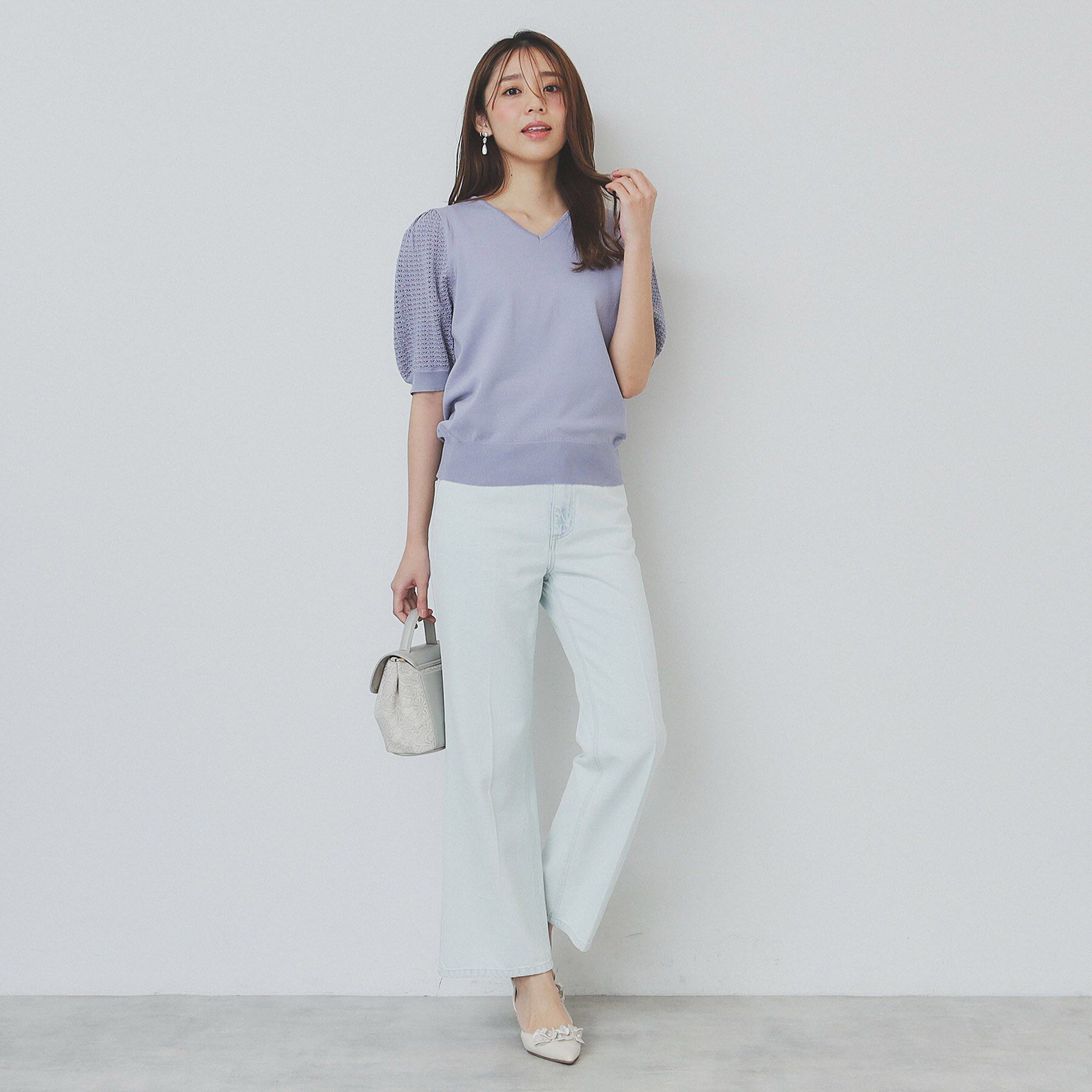 index「《5色展開》柄編みスリーブVネックニット【洗濯機洗い可】」|ニット・セーター|