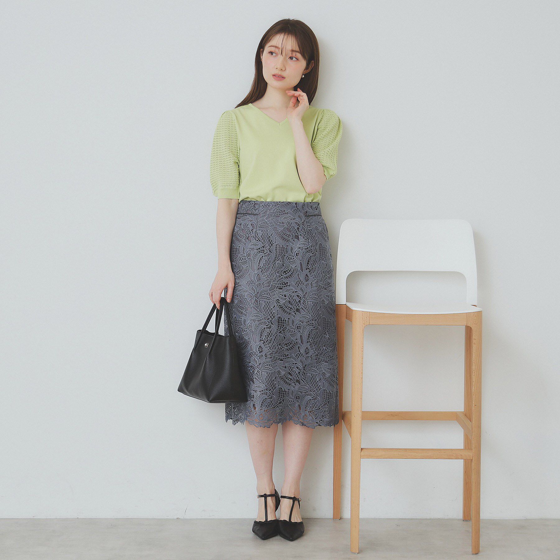 index「《5色展開》柄編みスリーブVネックニット【洗濯機洗い可】」|ニット・セーター|